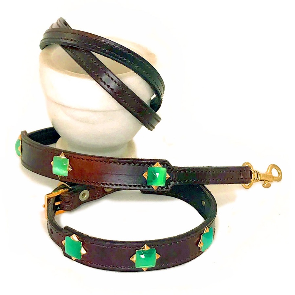 Aquamarine Gemstones & Brown Leather Collar & Leash, 14"-17"